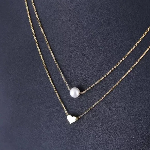 14k Gold Double Layer Pearl Heart Sterling Silver Necklace - Picture 5 of 10